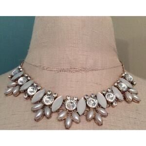 Opia Statement Necklace Goldtone White and Clear Stones 19"